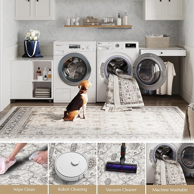 jinchan Floral 5x7 Area Rugs for Bedroom - Machine Washable Vintage Distressed Boho Design Throw Rug Stain Resistant Carpet Low-Pile Thin Non-Slip for Nursery Living Room Dining Room (5‘x7',Beige)