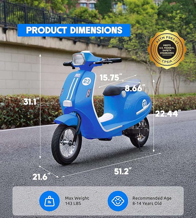 Kids Motorcycle, 2 Wheel Electric Motorcycle for Boys Ages 8-14, 24V Ride on Toys with Music, Story, Headlight, 3 Speed Options, Up to 60min Ride Time, for Riders up to 143 lbs, Easy Assemble