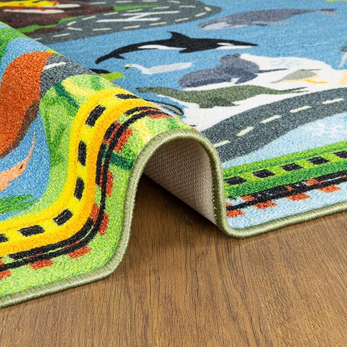 KC Cubs 5x7 Animal Safari Toy Car Road Rug – Educational Play Mat Carpet for Kids, Toddlers, Nursery, Classroom, Playroom, Baby Daycare, Boys & Girls