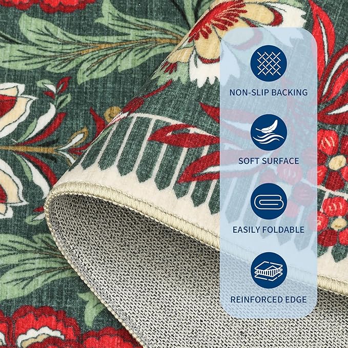 GarveeHome Floral Botanical Washable Rugs 5x7 Area Rug for Living Room, Grey Green Vintage Boho Cottage Throw Rugs Low Pile Carpet for Bedroom Dining Nursery Rug