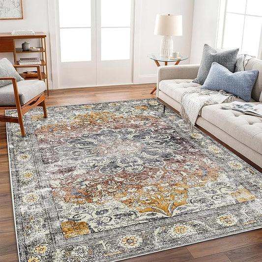 Area Rug 4x6 Washable Rug Taupe Vintage Traditional Floor Cover Foldable Thin Retro Accent Indoor Distressed Non Slip Carpet Floral Print Mat Bedroom Living Room Bathroom