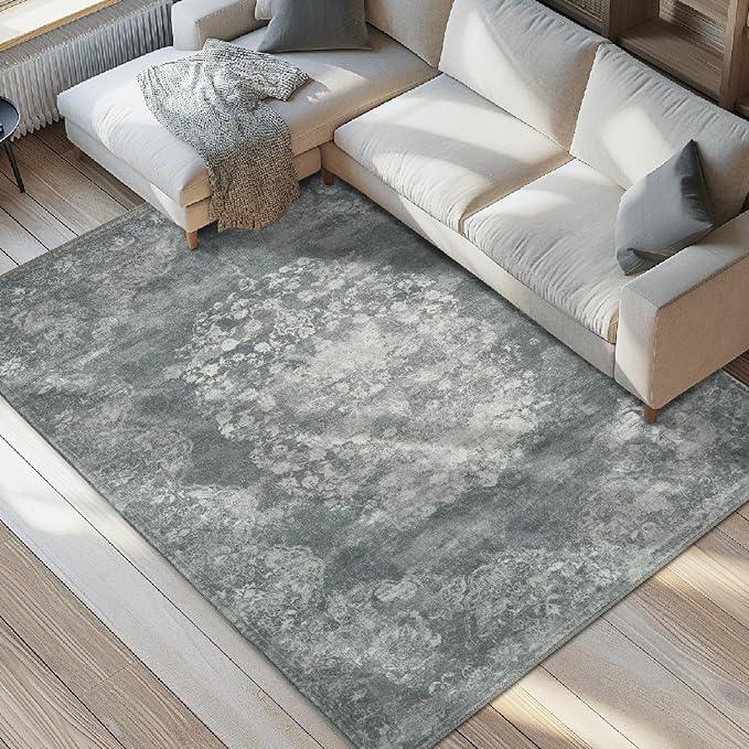 jinchan Vintage Floral 5x7 Area Rugs - Machine Washable Distressed Design Soft Ultra-Thin Low-Pile Non-Slip Carpet for Kitchen Bedroom Nursery Living Room Dining Room Home Office (5x7ft,Grey)