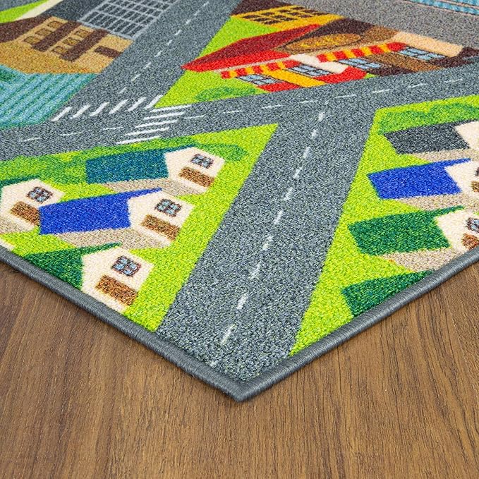 KC Cubs 8x10 City Streets Car Road Rug – Educational Non-Slip Play Mat for Kids, Toddlers, Nursery, Classroom, Playroom, Baby Daycare, Boy Girl Carpet