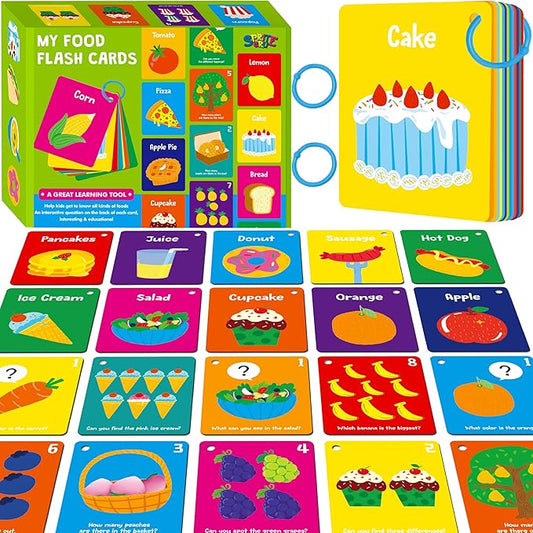 Food Flashcards, 50 Double-Sided Cards, Veggies, Fruits, Snacks, Desserts, Grain Cards Educational Learning Tools for Preschool and Toddlers Learning (2 Reclosable Rings Attached)