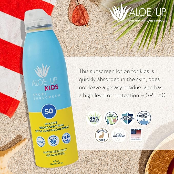 Aloe Up Kids Continuous Sport Sunscreen Spray SPF 50 - Broad Spectrum Sheer Face and Body Sunscreen Protector for Sensitive Skin - With Aloe Vera Gel - Dries Fast - Reef Safe - Fragrance-Free - 5.5 Oz