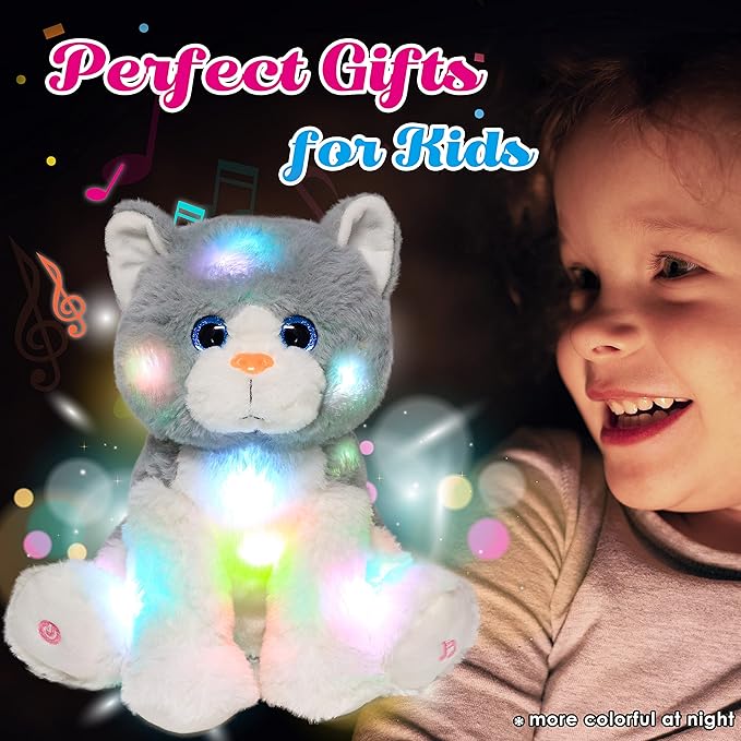 Cuteoy Light-up Singing Plush Cat LED Musical Kitty Stuffed Animal Adjustable Volume Lullaby Plushies Birthday Christmas Toy Gifts for Kids Toddler Girls, 10.5"