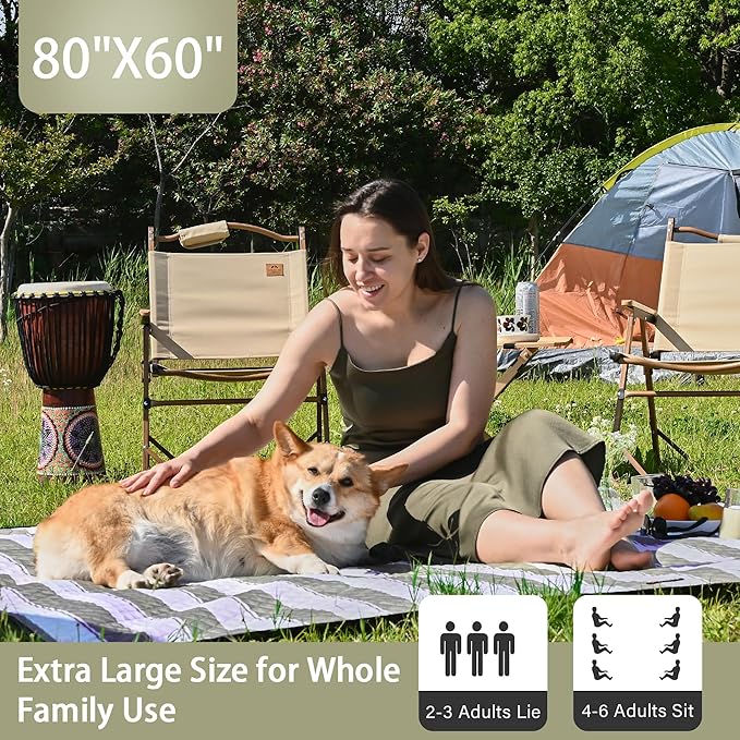 HX&OD Outdoor Picnic Blanket Extra Large, 80''*60'' Waterproof Picnic Mat with Stakes Foldable Camping Blanket Portable with Carry Strap for Beach Mat (Green& White, 80''*60'')