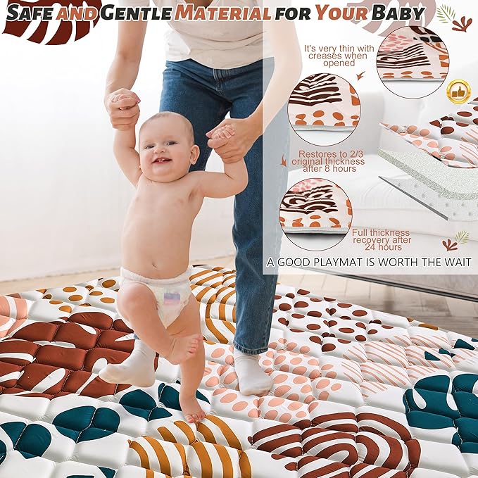 Baby Play Mats for Floor, 47x47 Playpen Mat for Babies, Extra Thicker & Soft Floor Crawling Mat, Foldable Non-Slip Playmat Cushioned for Infants Toddlers, Boho Leaf Design