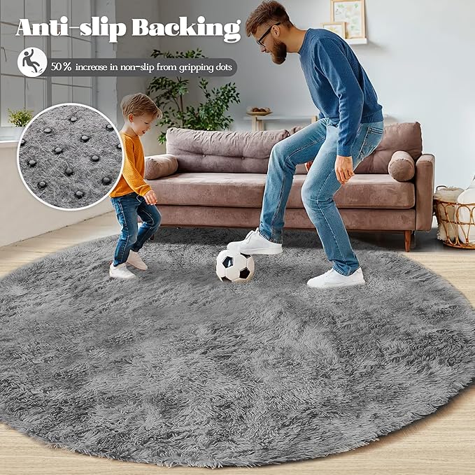 4FT Round Rug for Bedroom: Fluffy Shag Soft Washable Rugs Circle Small Fuzzy Plush Indoor Carpet for Living Room Nursery Playroom Dorm Kids Girls Boys Room (Dark Grey, 4'x4')