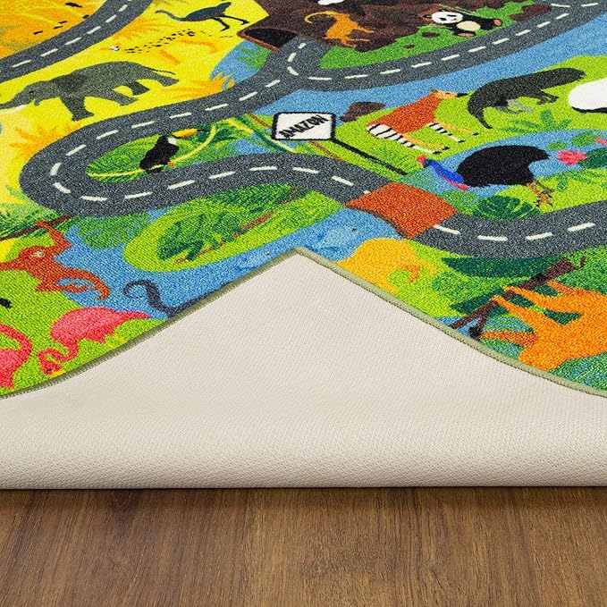 KC Cubs 3x5 Animal Safari Toy Car Road Rug – Educational Play Mat Carpet for Kids, Toddlers, Nursery, Classroom, Playroom, Baby Daycare, Boys & Girls