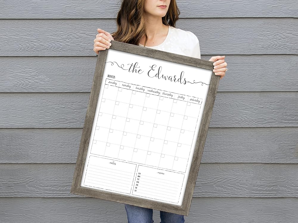 Customized Dry Erase Whiteboard Framed Calendar, Wet Erase or Dry Erase calendar for wall, 18x24 or 24x36 Wall Calendar, Monthly Calendar, Family Name Calendar