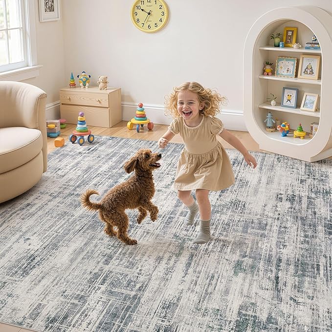 Area Rug for Living Room: 10x14 Washable Neutral Abstract Modern Soft Rugs Non Slip Indoor Floor Stain Resistant Large Carpet for Bedroom Dining Room Office Nursery - Gray