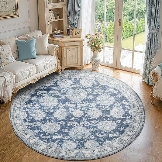 jinchan Round Rug 8ft Area Rug - Dark Blue Vintage Floor Mat Kitchen Indoor Ultra-Thin Soft Floral Print - Washable Circle 8' Retro Accent for Farmhouse Non Slip Dining Room Living Room Bedroom Office