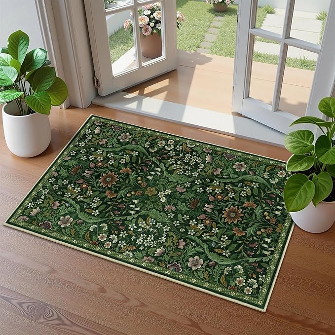 Floral 2x3 Entryway Rug,Washable Front Door Mat Indoor Non Slip Low Pile Small Carpet, Soft Green Boho Botanical Throw Rug for Bathroom Bedroom Kitchen Laundry Indoor Entrance
