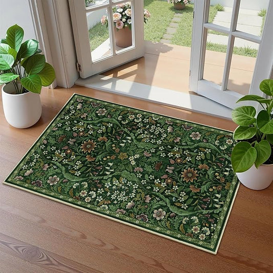 Floral 2x3 Entryway Rug,Washable Front Door Mat Indoor Non Slip Low Pile Small Carpet, Soft Green Boho Botanical Throw Rug for Bathroom Bedroom Kitchen Laundry Indoor Entrance