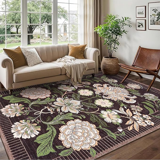 GarveeHome Plum Pink Floral Botanical Washable 5x7 Rug for Living Room, Black Purple Vintage Boho Cottage Throw Rugs Low Pile Carpet for Bedroom Dining Nursery Rug