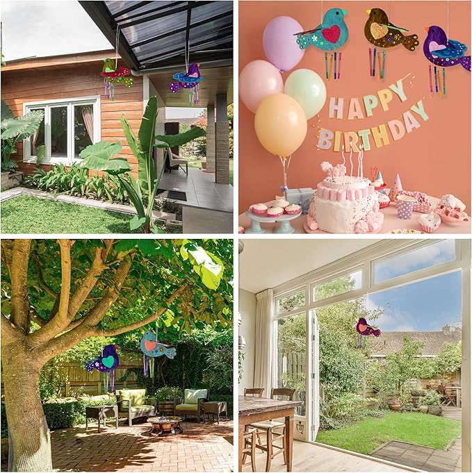 ArtCreativity DIY Wind Chime Kit for Kids - 8 Pack - Wooden Wind Chime Set with Paint Kit, Rhinestone Flower Stickers, Glitter Heart Foam Stickers, and More - Summer Arts and Crafts for Kids 3 and Up