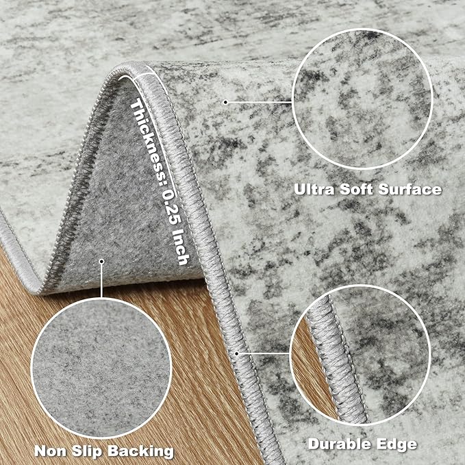 5x7 Area Rugs for Lliving Room Bedroom, Abstract Washable Rugs with Non-Slip Backing, Stain Resistant Thin Carpet for Dorm Dining Room Table Nursery Indoor Home Office-Gray
