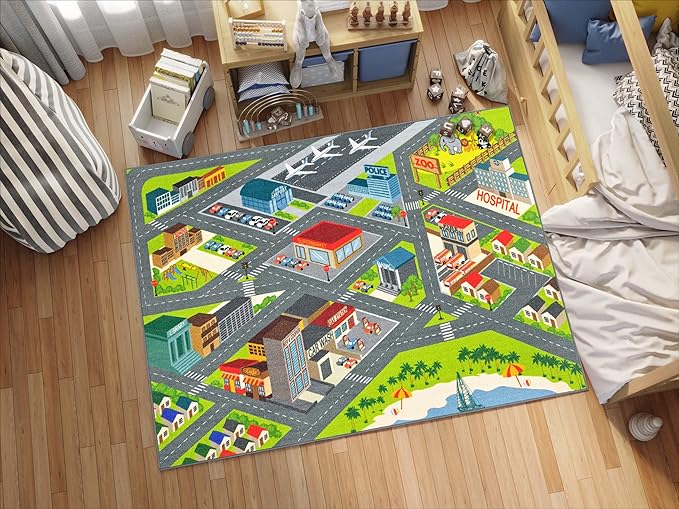KC Cubs 5x7 City Streets Car Road Rug – Educational Non-Slip Play Mat for Kids, Toddlers, Nursery, Classroom, Playroom, Baby Daycare, Boy Girl Carpet