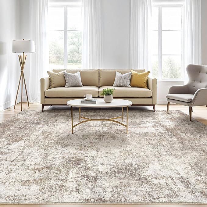 5x7 Area Rugs Living Room: Washable Large Abstract Soft Rug Stain Resistant Indoor Floor Non-Slip Accent Carpet for Women Modern Home Enthusiasts Aged 25-45 - Bedroom Nursery Playroom- Beige Brown