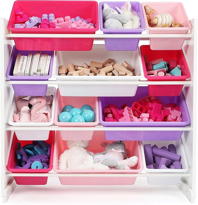 Humble Crew Kids Toy Storage Organizer with 12 Plastic Bins, White/Pink/Purple – Removable Bins for Playroom, Bedroom, Toddler Furniture for Boys and Girls Ages