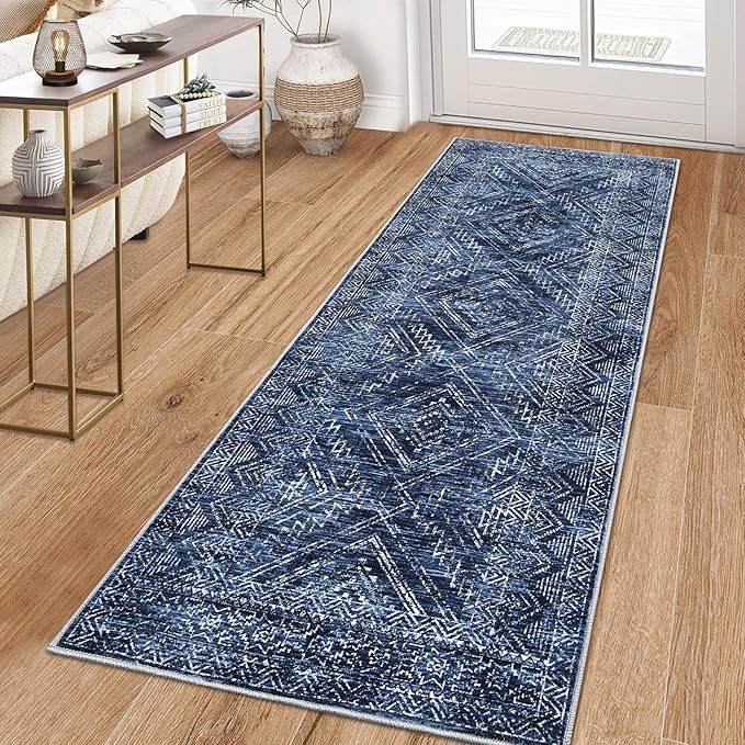COZYLOOM Washable Runner Rug 2x6 Vintage Non Slip Low Pile Rug Soft Throw Floor Cover Geometric Tribal Foldable Indoor Carpet for Living Room Bedroom Playroom Nursery, Blue