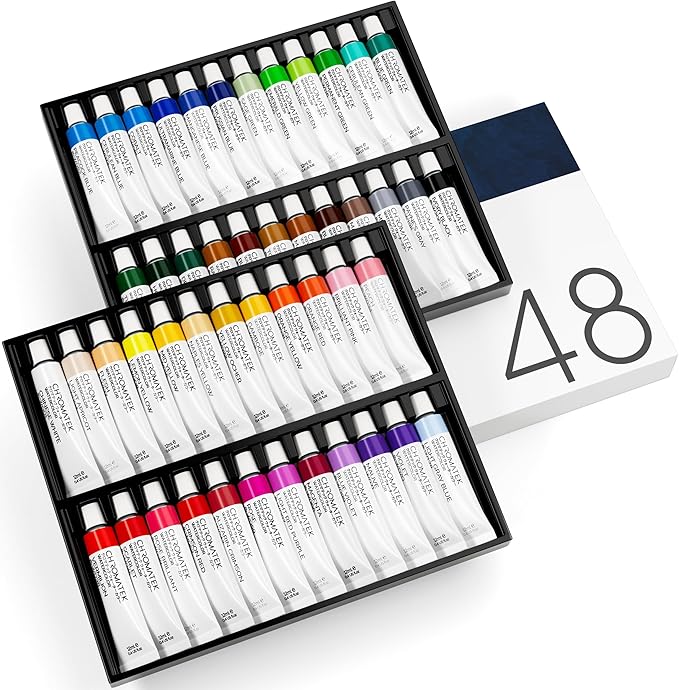 CHROMATEK Watercolor Paint Set - 48 Piece Kit for Adults, Beginners & Professional Artists - 48 x 12ml Liquid Water Color Tubes - Richly Pigmented Vibrant Colors - Art Supplies