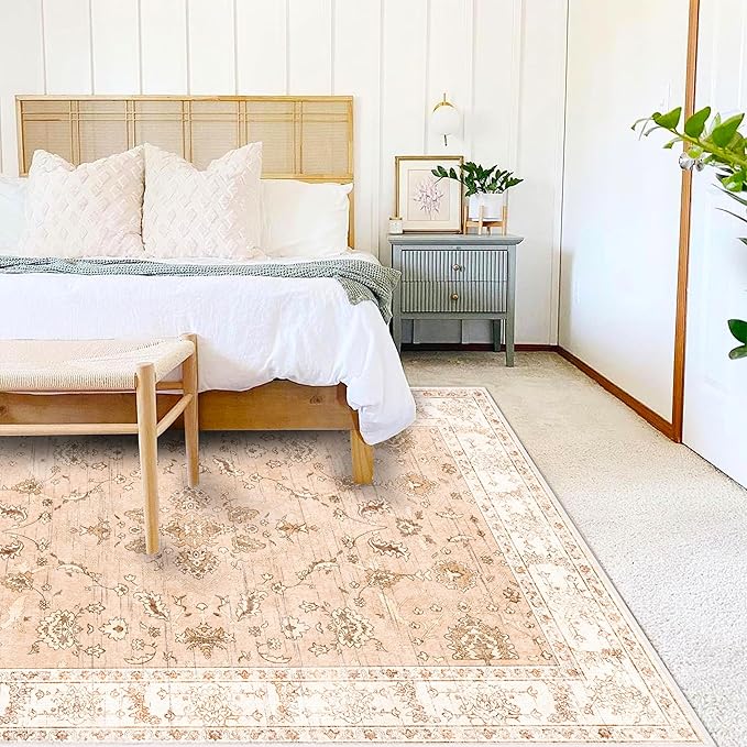 Area Rug 10x14 Washable Tangerine Vintage Traditional Mat Distressed Indoor Foldable Thin Retro Accent Floral Non Slip Carpet for Living Room Dining Room Office