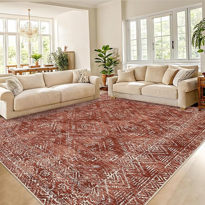 COZYLOOM 6x9 Washable Rug Modern Indoor Area Rug for Living Room or Bedroom Softness Foldable Mat for Easy Storage Abstract Geometric Design Non Slip Rug Low Pile Stain Resistant Carpet, Brick Red