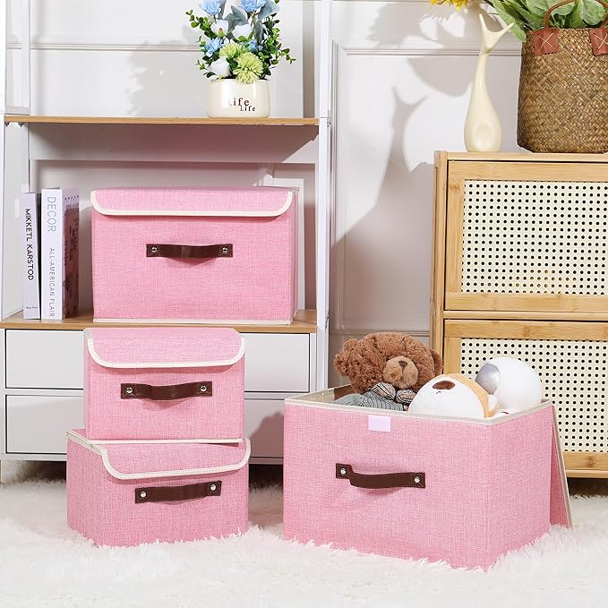 ANMINY 2PCS Storage Bins with Lid PU Leather Handles Storage Boxes PP Plastic Board Decorative Foldable Lidded Cotton Linen Fabric Home Cubes Baskets Closet Organizer Containers - Pink, Large Size