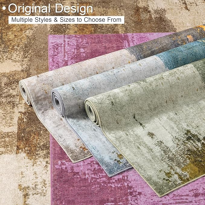 Kelarea Living Room Rug, 6x9 Rug Modern Abstract Washable Rugs Pink Faux Wool Vintage Carpet, Non Slip Rugs for Bedroom, Dining Room, College Dorm, Kids Playroom, Home Office