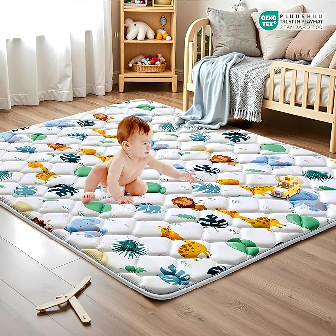 Baby Play Mats for Floor, 71x59 Playpen Mat for Babies, Extra Thicker & Soft Floor Crawling Mat, Foldable Non-Slip Playmat Cushioned for Infants Toddlers, Cute Animal Design