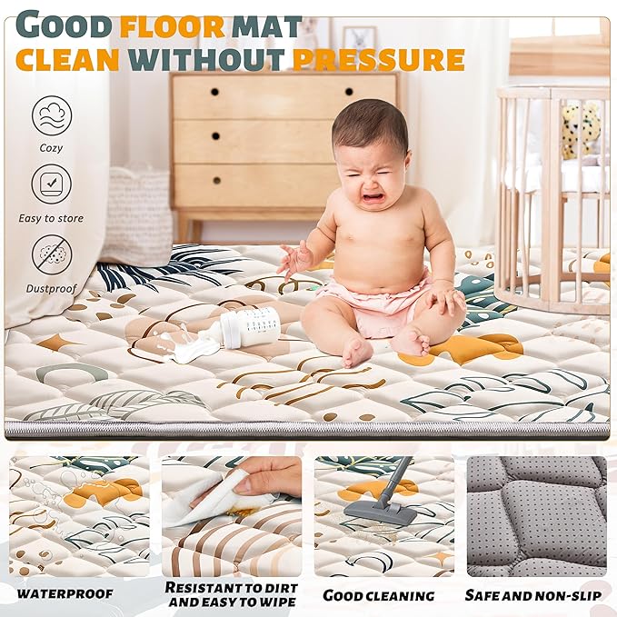 Baby Play Mats for Floor, 50x50 Playpen Mat for Babies, Extra Thicker & Soft Floor Crawling Mat, Foldable Non-Slip Playmat Cushioned for Infants Toddlers, Boho Leaf Style