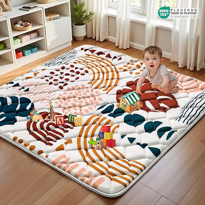 Baby Play Mats for Floor, 43x43 Playpen Mat for Babies, Extra Thicker & Soft Floor Crawling Mat, Foldable Non-Slip Playmat Cushioned for Infants Toddlers, Boho Leaf Design