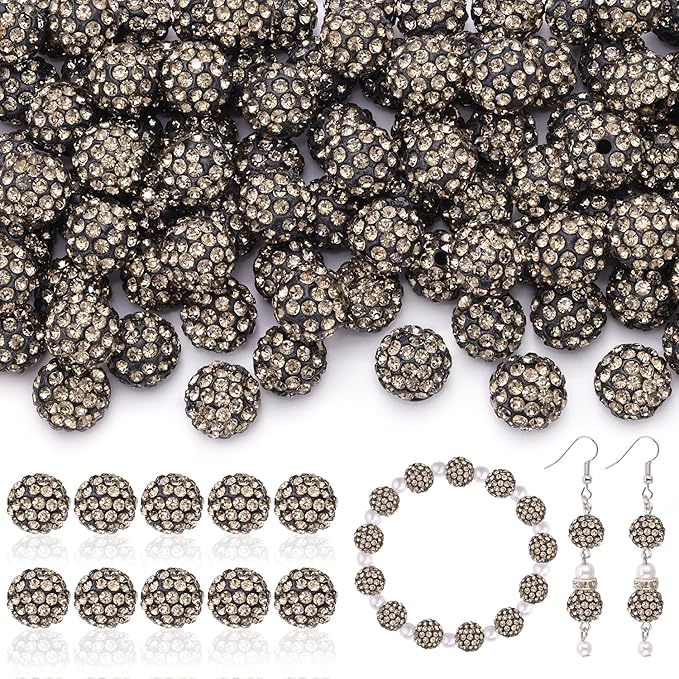 200pcs 10mm Rhinestone Beads for Jewelry Making, Gray Shiny Round Disco Ball Beads Bulk, Sparkle Crystal Clay Christmas for Bracelet Baseball Necklace Earring Crafting and DIY
