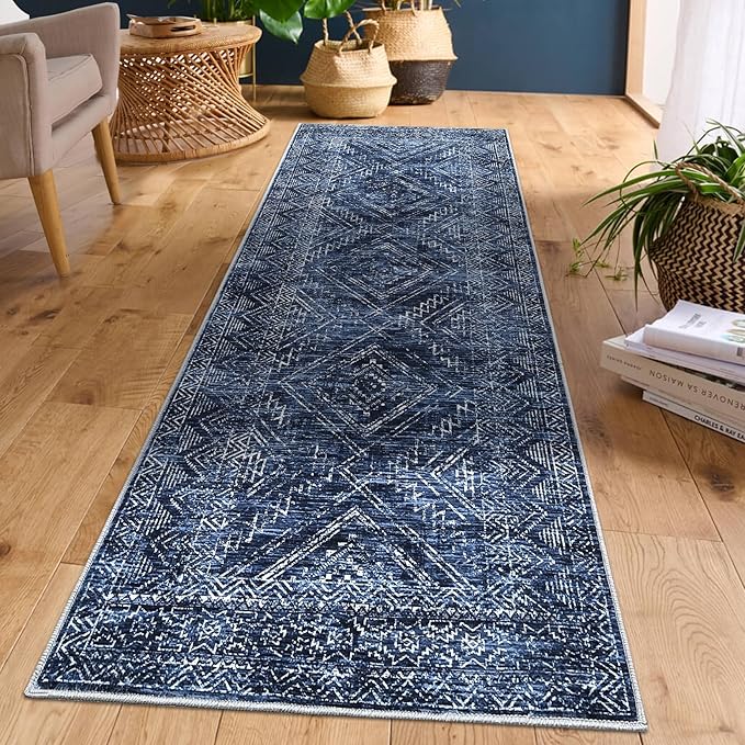 COZYLOOM Washable Runner Rug 2x8 Vintage Non Slip Low Pile Rug Soft Throw Floor Cover Geometric Tribal Foldable Indoor Carpet for Living Room Bedroom Hallway, Blue