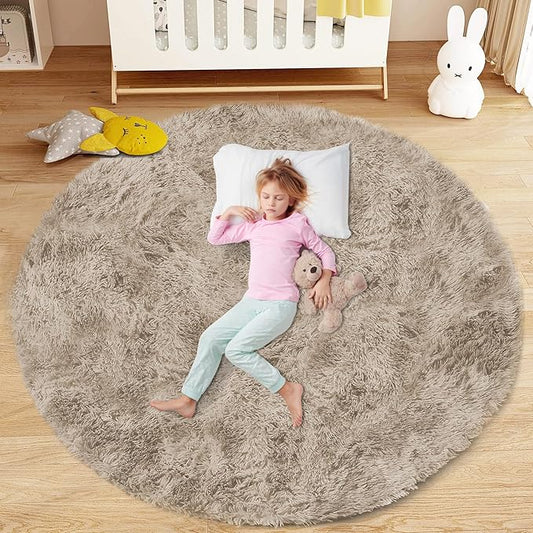 4FT Round Rug for Bedroom: Fluffy Shag Soft Washable Rugs Circle Small Fuzzy Plush Indoor Carpet for Living Room Nursery Playroom Dorm Kids Girls Boys Room (Camel, 4'x4')