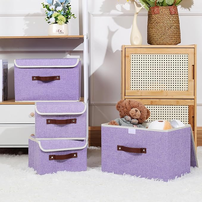 ANMINY 2PCS Storage Bins with Lid PU Leather Handles Storage Boxes PP Plastic Board Decorative Foldable Lidded Cotton Linen Fabric Home Cubes Baskets Closet Organizer Containers - Purple, Small Size