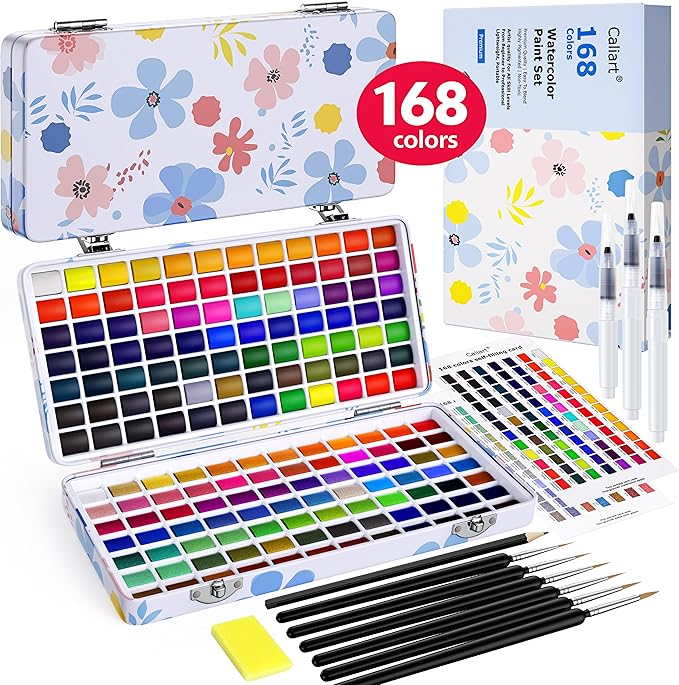 168 Colors Watercolor Paint Set with 4 Brushes, Portable Travel Water Color Kit with Carrying Case, Palette and Accessories, Non-Toxic Art Supplies Gift for Artists Adult Teen Kids Girls