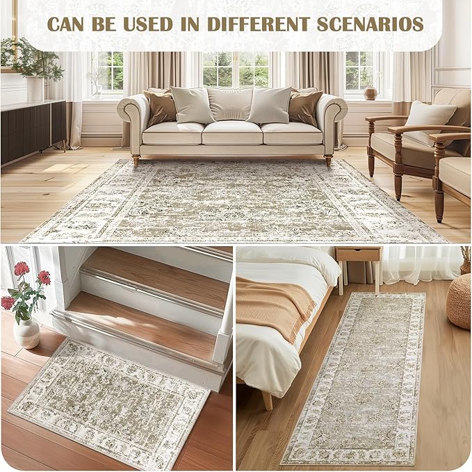 jinchan 4x6 Area Rugs for Bedroom - Machine Washable Distressed Vintage Floral Design Stain Resistant Boho Carpet Ultra-Thin Low Pile Non-Slip Rug for Living Room Dining Room Kitchen (4‘x6',Taupe)