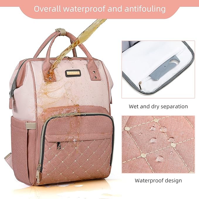 Diaper Bag Backpack, Diaper Bags for Baby Girls Boys, Baby Bags for Moms Dads, Nappy Changing Bag with Insulated Pockets,Multi-functional Waterproof Backpack with Stroller straps -Pink light pink