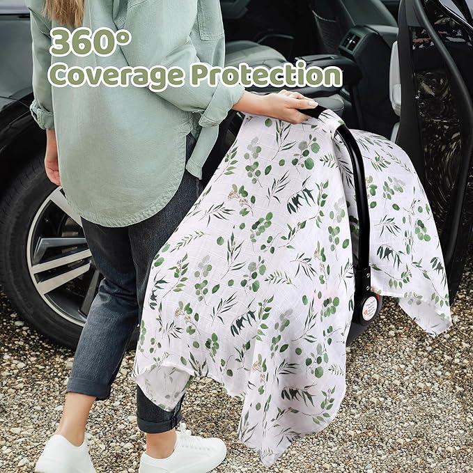 Rquite Car Seat Cover for Girl Boy, Muslin Cotton Infant Car Seat Canopy, Breathable Baby Carrier Cover, Summer Stroller Sun Shade, Leaf