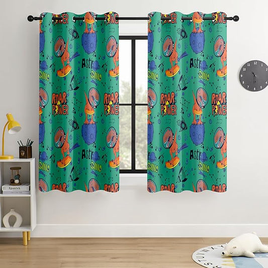 Kids Space Dinosaur Blackout Curtains - 100% Blackout, Thermal Insulated, Noise Reducing, Perfect for Kids Room and Nursery, 2 Panels (Roar Power Dino, W52×L63)