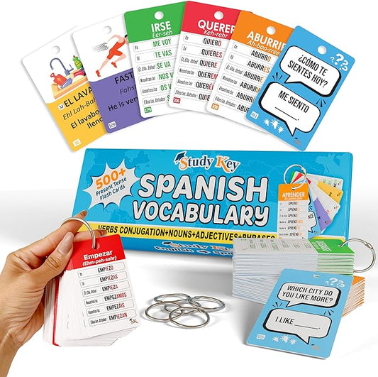 500+ Spanish Vocabulary Flash Cards for Adults & Kids Ages 15+ - Verb Conjugation, Nouns, Adjectives & Phrases to Learn Spanish for Adult Beginners Flashcards