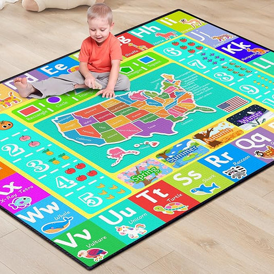 ABC Rug for Kids Playroom, 59"x39" Washable Classroom Area Rugs, Educational Learning Mat with Alphabet Numbers Animals Seasons Shapes for Classroom Preschool Playroom