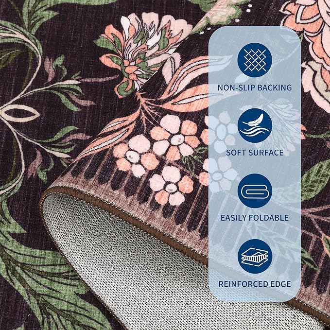 GarveeHome Plum Pink Floral Botanical Washable 8x10 Area Rug for Living Room Soft Black Purple Vintage Boho Cottage Large Rugs Low Pile Carpet for Bedroom Dining Nursery Rug