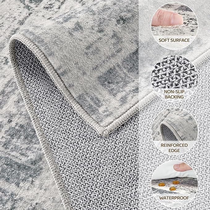 Area Rug for Living Room: 9x12 Washable Neutral Abstract Modern Soft Rugs Non Slip Indoor Floor Stain Resistant Large Carpet for Bedroom Dining Room Office Nursery - Gray