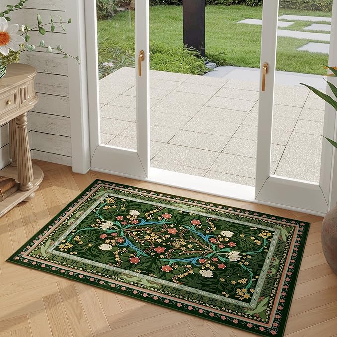 Door Mat Indoor Entrance 2x3 Rug Machine Washable Vintage Floral Botanical Small Area Rug Non-Slip Low Pile Throw Rugs for Entryway, Kitchen, Front Door Entrance, Entry, Kids Room, Green