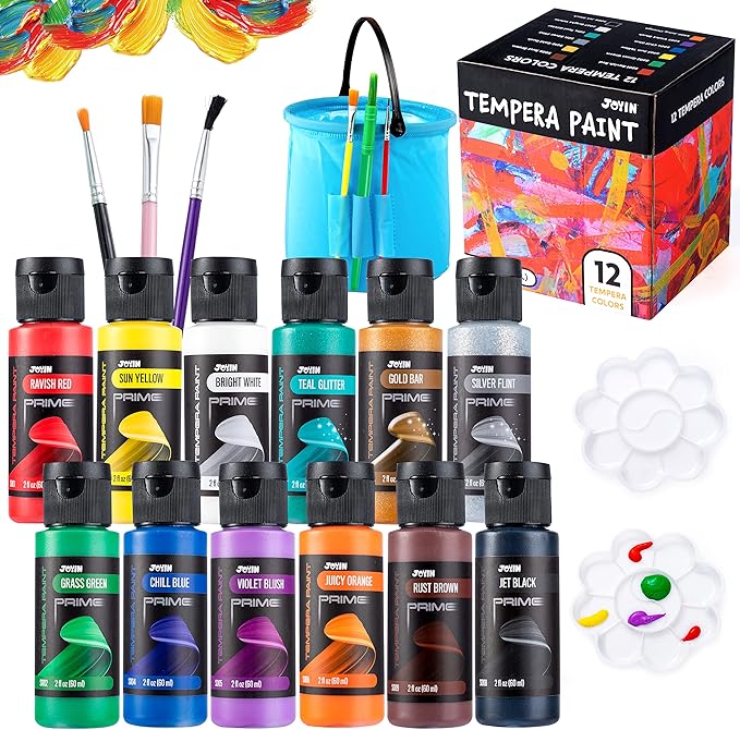 JOYIN 12PCS Washable Kids Tempera Paint Set (2 oz Each), 6 Brushes, 2 Palette & 1 Stretchable Washing Bucket, Non-Toxic Kids Liquid Paint for Arts and Crafts Project, Finger Painting, Hobby Painters