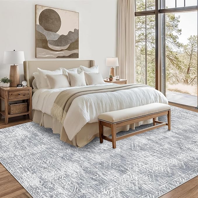 COZYLOOM Large Area Rug 8x10 Machine Washable Area Rugs for Living Room Modern Abstract Mats Non Slip Geometric Accent Carpet Stain Resistant Foldable Mats for Dining Room, Nursery, Grey